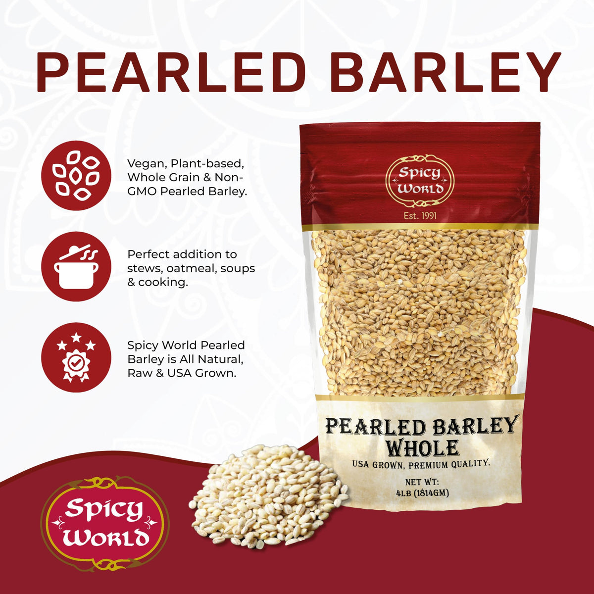 Spicy World Pearl Barley USA-grown bag on shelf showing origin.
