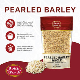 Spicy World Pearl Barley USA-grown bag on shelf showing origin.