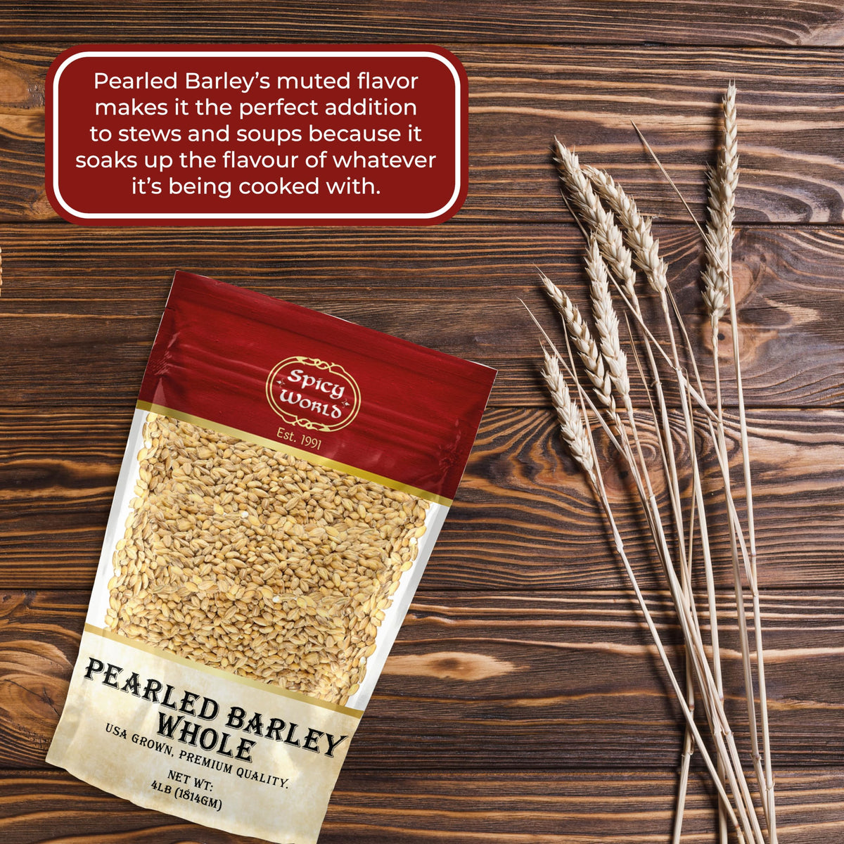 Spicy World Pearl Barley USA-grown harvest in field.