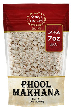 Spicy World Phool Makhana raw fox nuts in bag for a protein-rich snack.