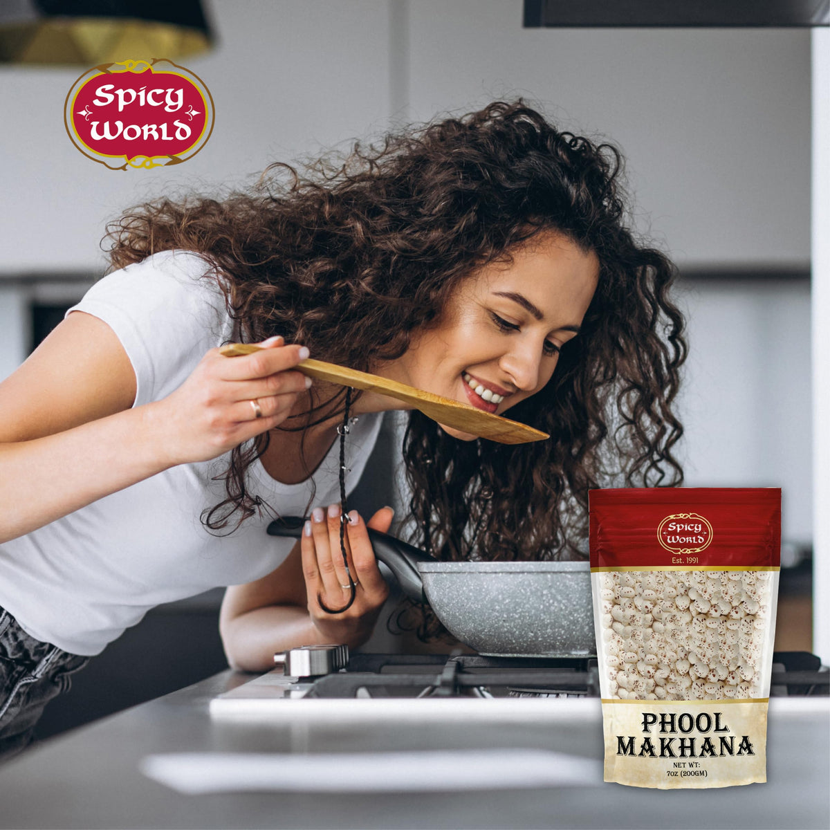 Spicy World Phool Makhana roast-at-home option for customized flavors.