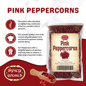 Spicy World Pink Peppercorns closeup, vibrant berries with fruity aroma