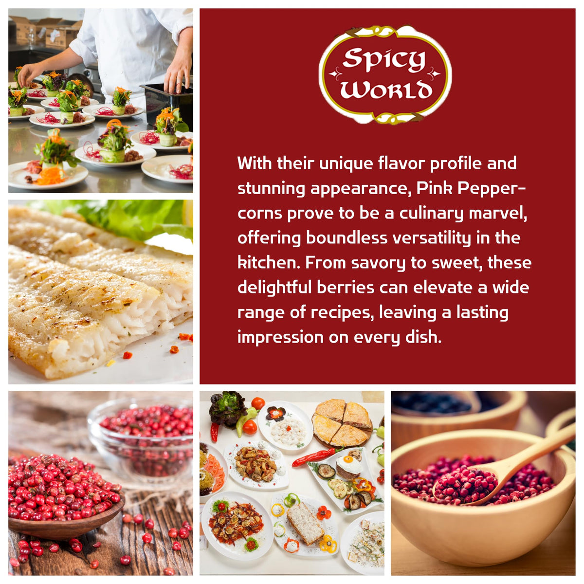 Spicy World Pink Peppercorns packaging, steam sterilized for freshness and long shelf life