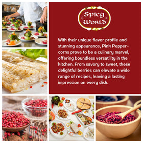Spicy World Pink Peppercorns packaging, steam sterilized for freshness and long shelf life
