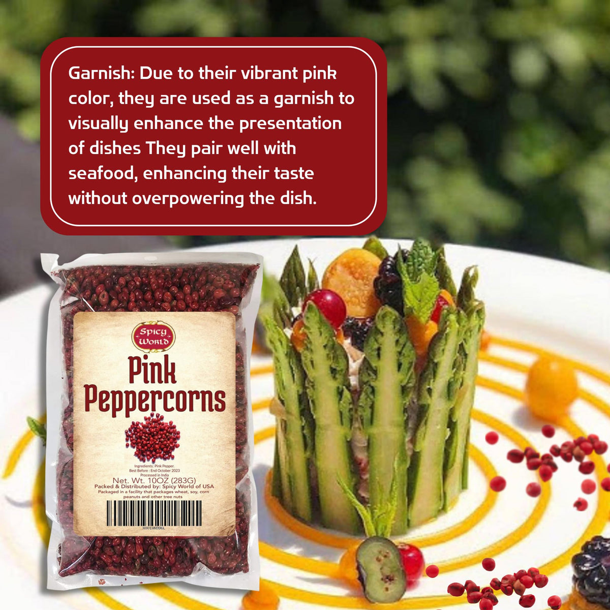 Spicy World Pink Peppercorns on a prepared dish, adding elegance and color