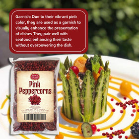 Spicy World Pink Peppercorns on a prepared dish, adding elegance and color