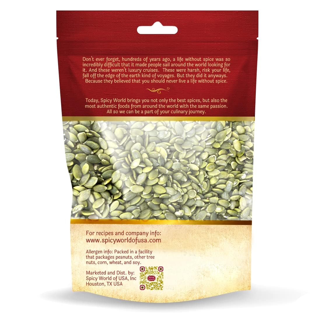Spicy World pumpkin seeds bulk bag nutrition info back, convenient for bulk pantry stock