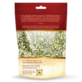 Spicy World pumpkin seeds bulk bag nutrition info back, convenient for bulk pantry stock