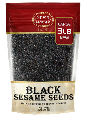 Spicy World raw black sesame seeds bag, ideal for versatile cooking and baking.