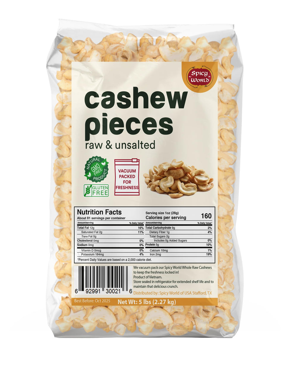 Spicy World raw cashew pieces 80oz bulk bag front view for easy snacking and meal prep.