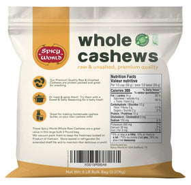 Spicy World 5 lb bulk cashews, unsalted and versatile for recipes.
