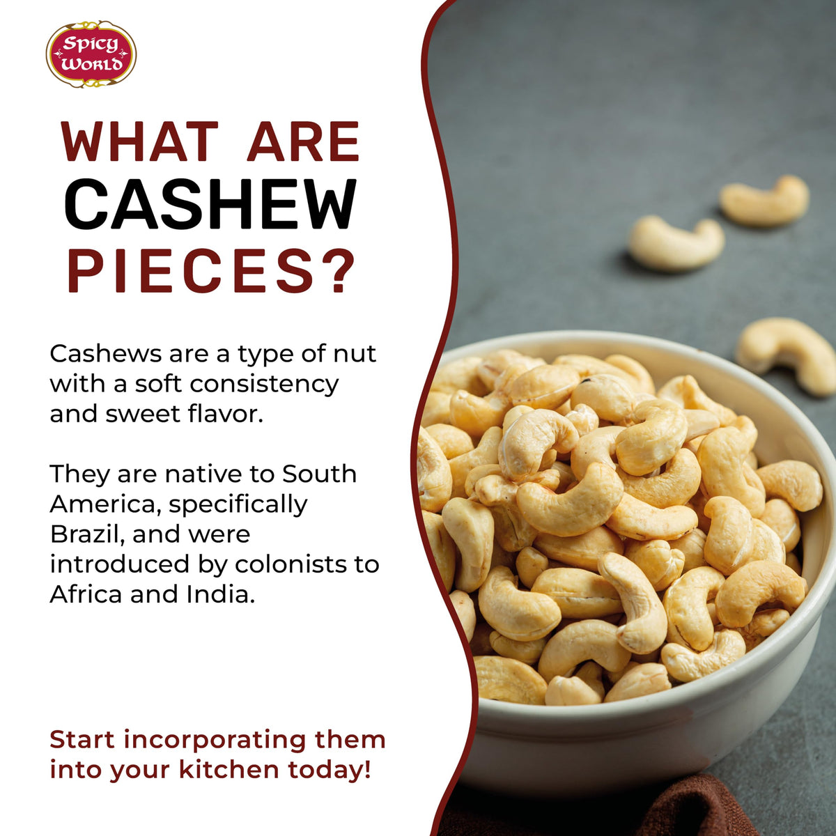 Spicy World raw cashews crunch closeup highlighting buttery texture for recipes and toppings.
