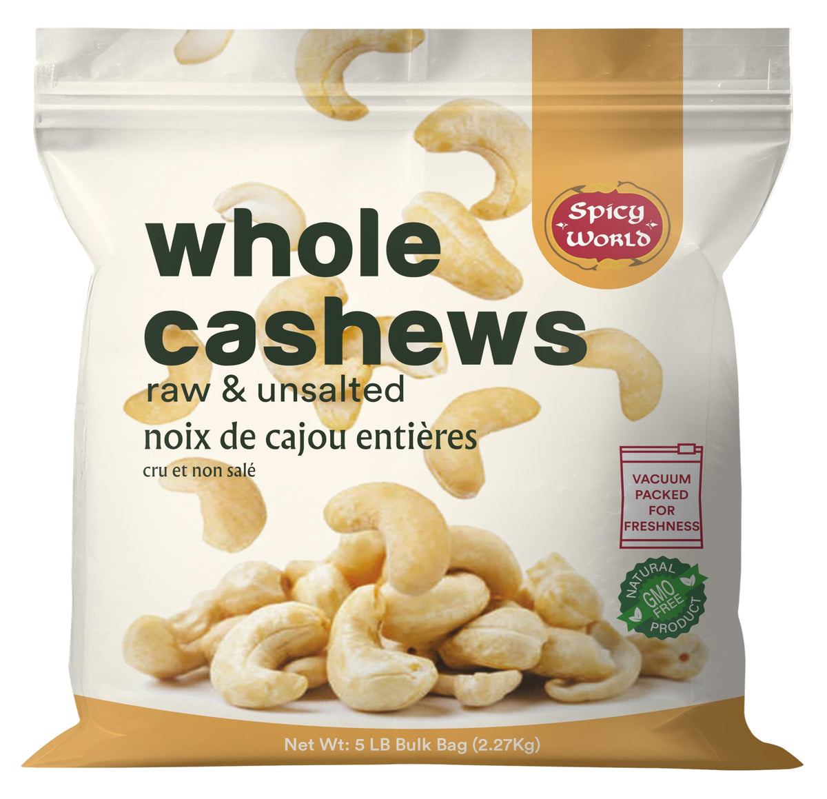Spicy World raw cashews in package, ready for pantry storage and snacking.