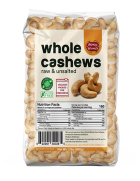 Spicy World raw cashews whole 2 lb bag for snacking and cooking.