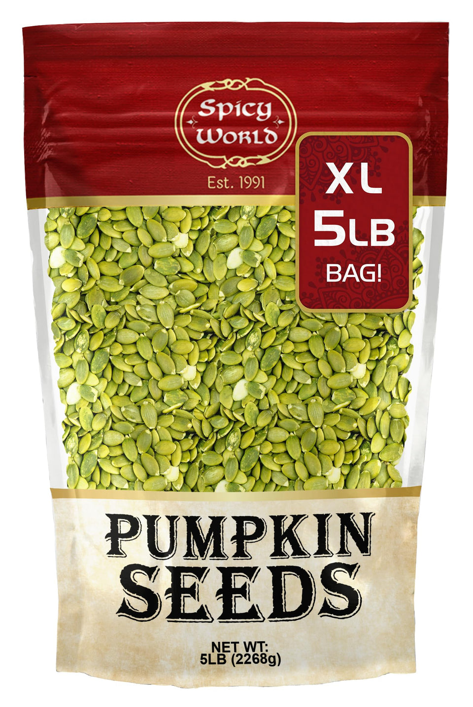 Spicy World raw pumpkin seeds shelled in a 5 lb bulk bag for snacking.