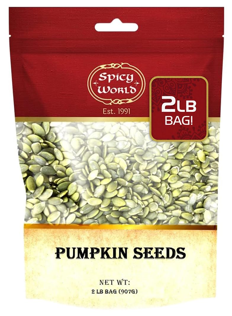 Spicy World raw pumpkin seeds bag front, premium shelled seeds for snacking and baking