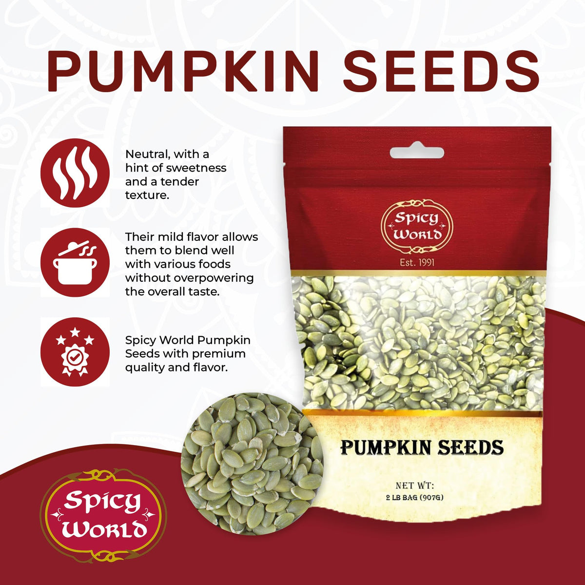 Spicy World raw pumpkin seeds bulk pack, clearly labeled nutrition info for meal prep