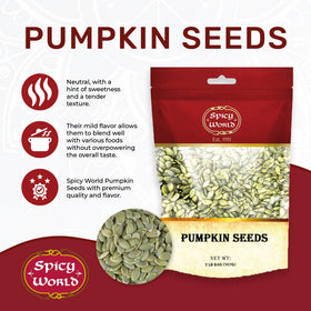 Spicy World raw pumpkin seeds bulk pack, clearly labeled nutrition info for meal prep