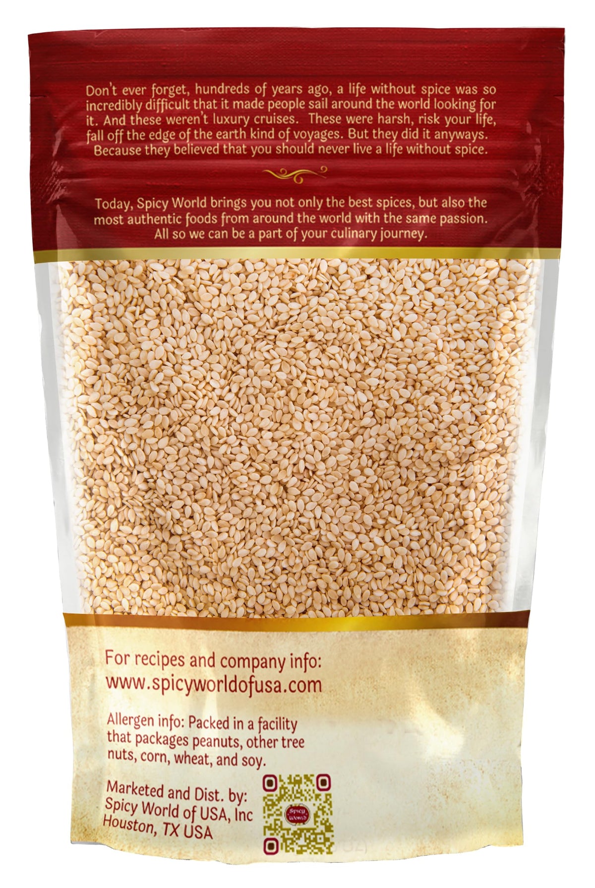 3 lb bag of Spicy World sesame seeds placed on kitchen counter