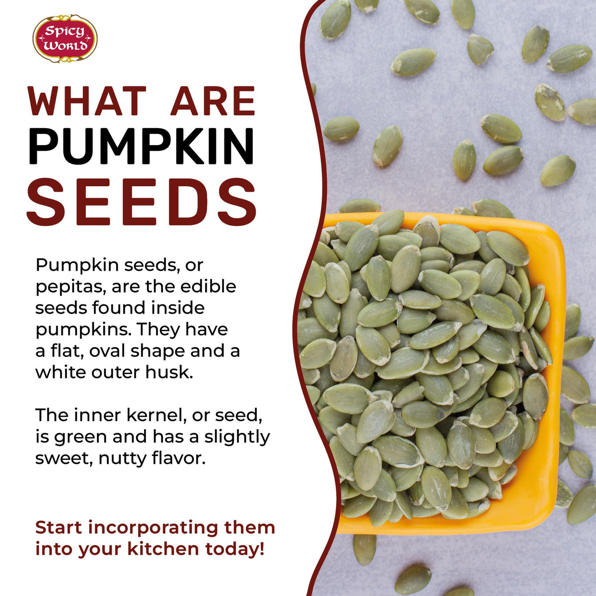 Spicy World shelled pumpkin seeds closeup, vibrant color and uniform size ideal for trail mixes