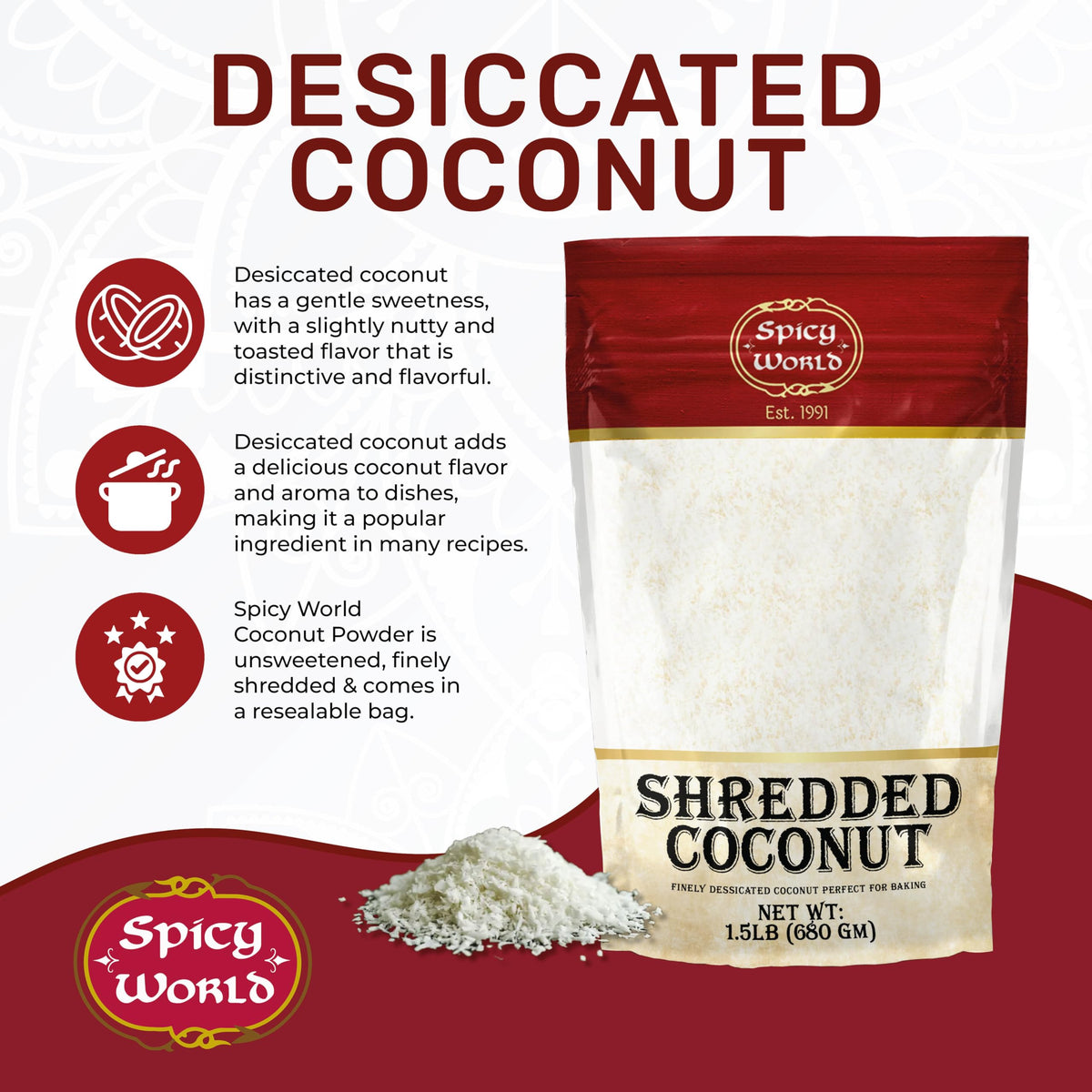 Spicy World shredded coconut powder with fine texture for smoothies