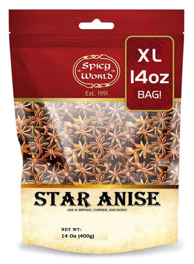 Spicy World star anise pods in a resealable bag for freshness.