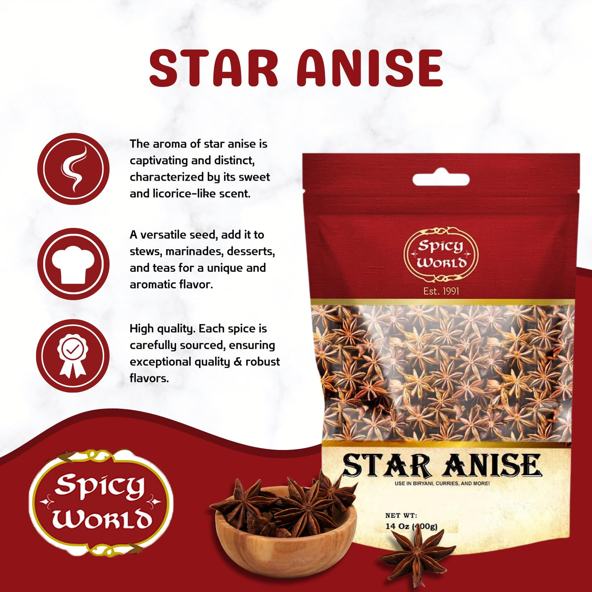 Close-up of Spicy World star anise pods showing the star shape and aroma.