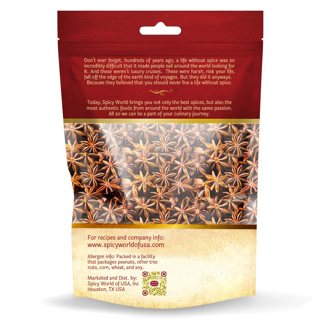 Spicy World star anise in a resealable bag preserves aroma between uses.