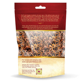 Spicy World star anise in a resealable bag preserves aroma between uses.