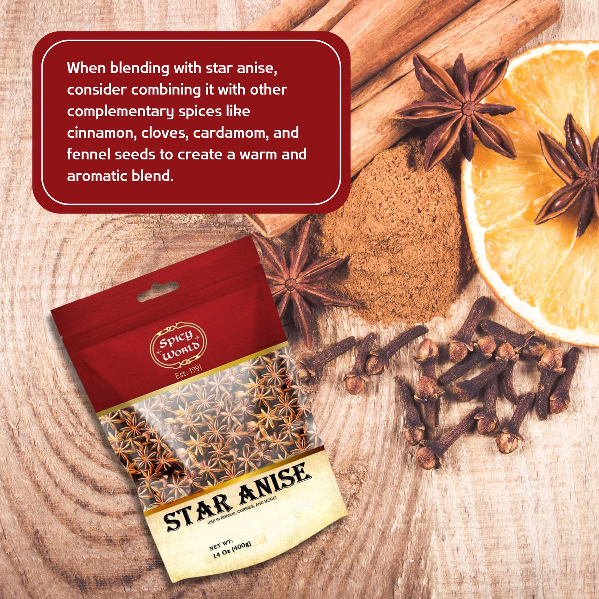 Spicy World star anise in stews and curries for warm flavor.