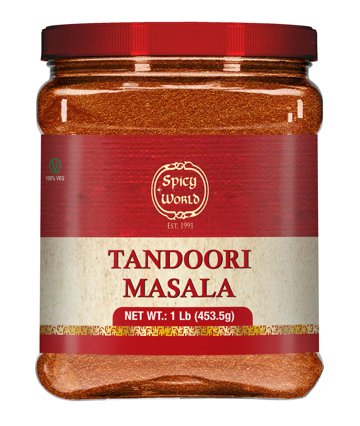Spicy World Tandoori Masala jar closeup for authentic Indian flavor in marinades