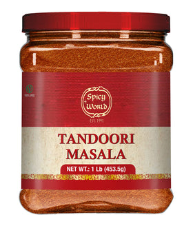 Spicy World Tandoori Masala jar closeup for authentic Indian flavor in marinades
