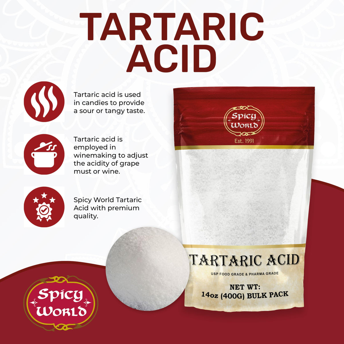 Spicy World tartaric acid bottle pour for beverages and recipes.
