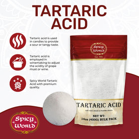 Spicy World tartaric acid bottle pour for beverages and recipes.