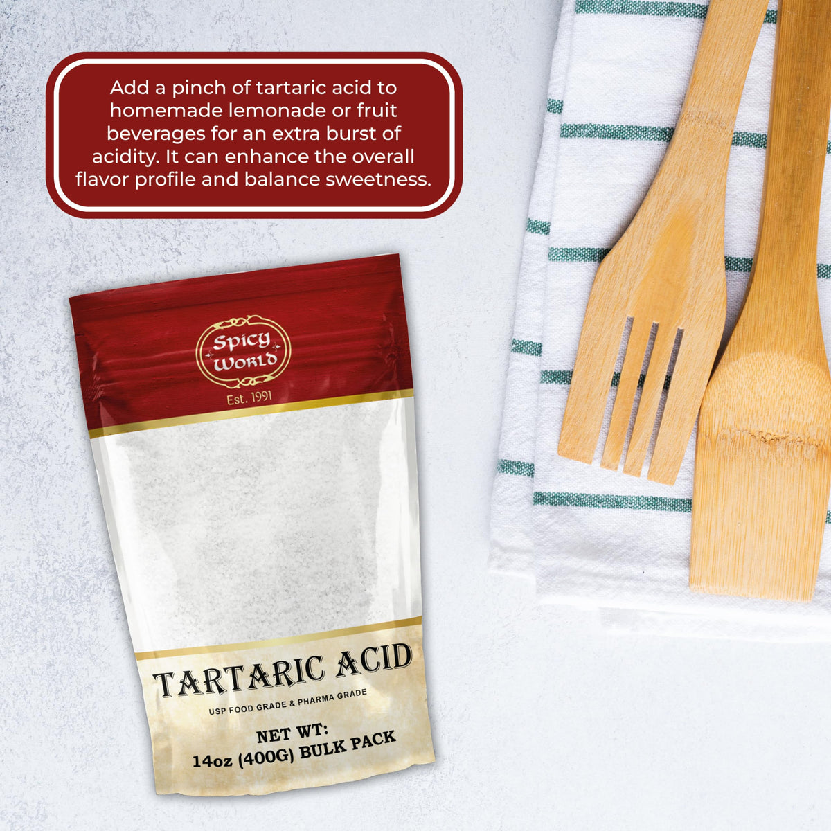 Spicy World tartaric acid packaged in the USA.