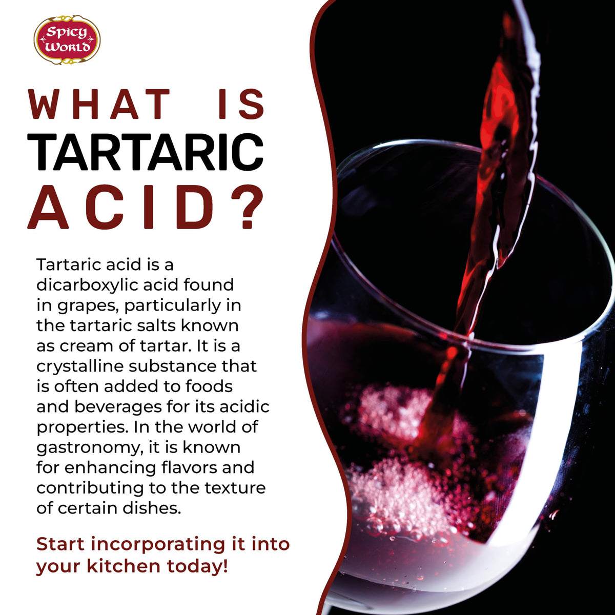 Spicy World tartaric acid USP-certified label highlights quality.
