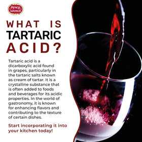 Spicy World tartaric acid USP-certified label highlights quality.