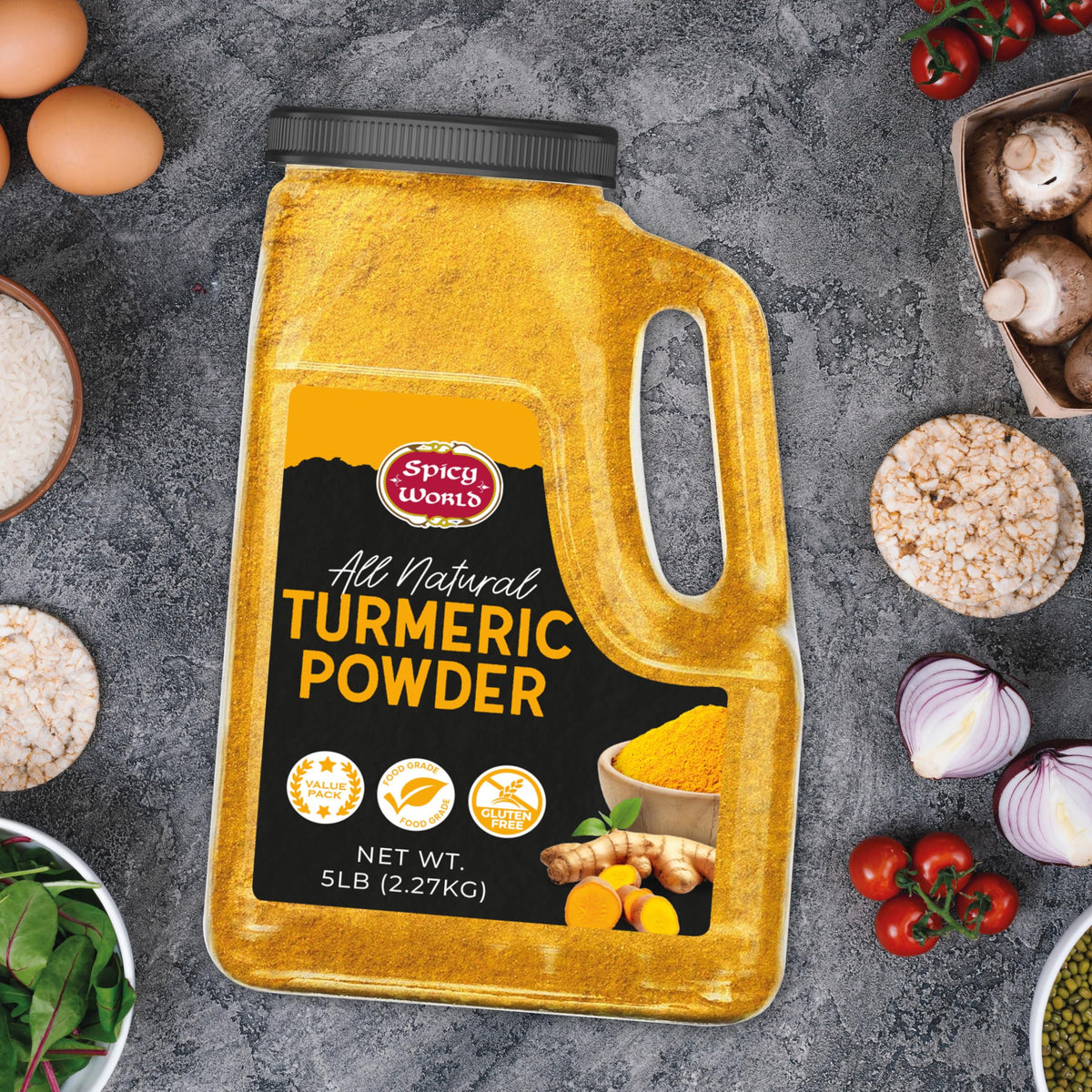 Spicy World Turmeric Powder golden milk cup for comforting beverages.