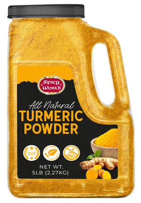 Spicy World Turmeric Powder in a jar enhances color and aroma in everyday cooking.