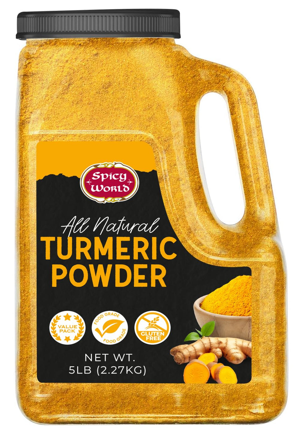 Spicy World Turmeric Powder in a jar enhances color and aroma in everyday cooking.