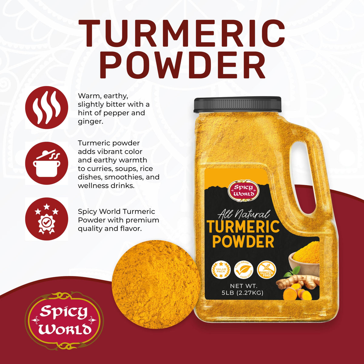 Spicy World Turmeric Powder measuring scoop makes precise seasoning easy.