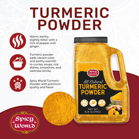 Spicy World Turmeric Powder measuring scoop makes precise seasoning easy.