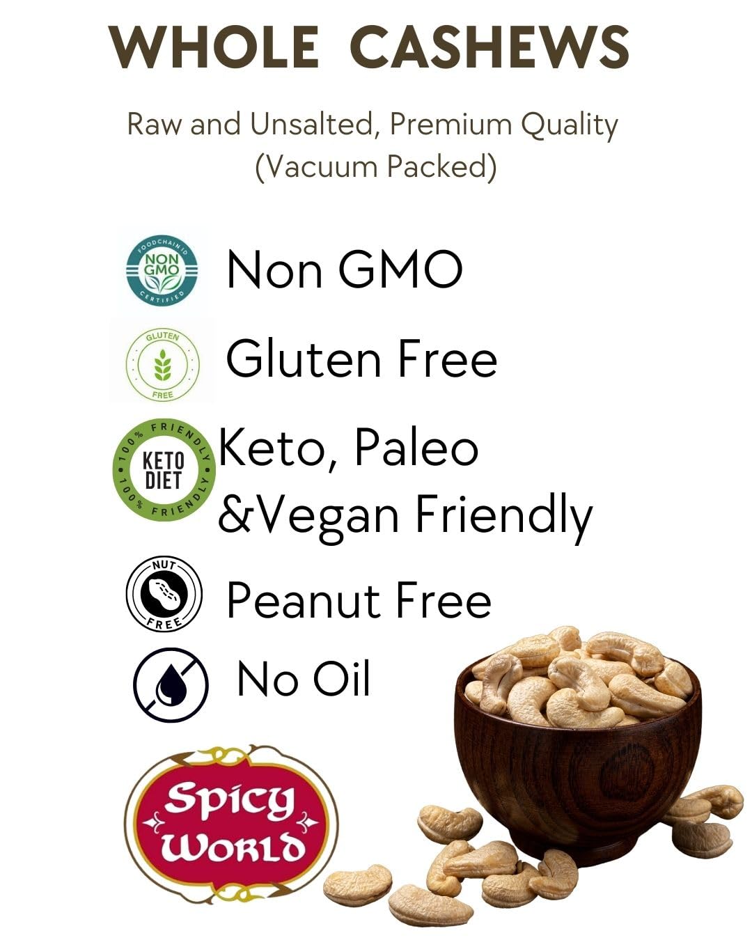 Spicy World unsalted cashews close-up, perfect for roasting and baking.