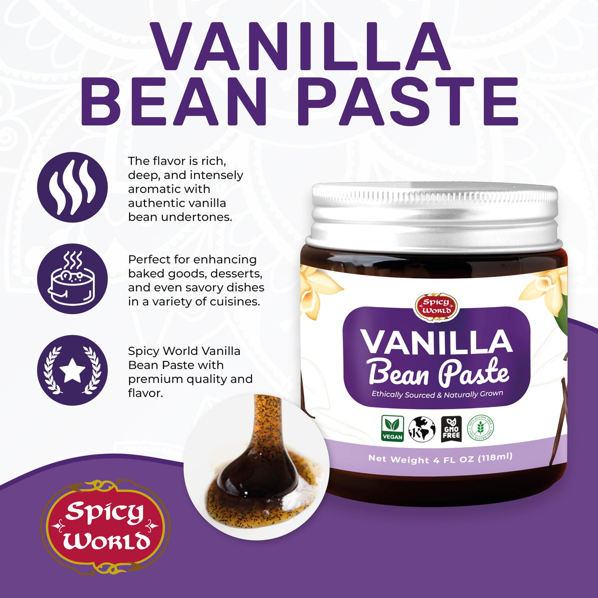 Spicy World vanilla bean specks close-up highlighting real bean bits.