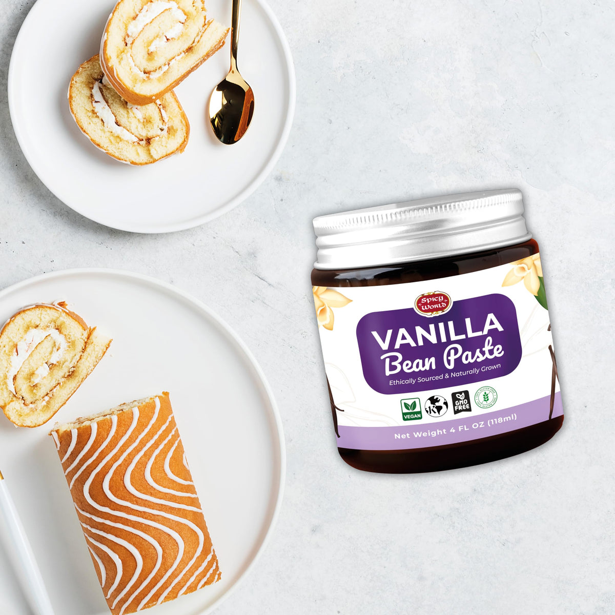 Spicy World vanilla bean paste with recipes idea for cakes.
