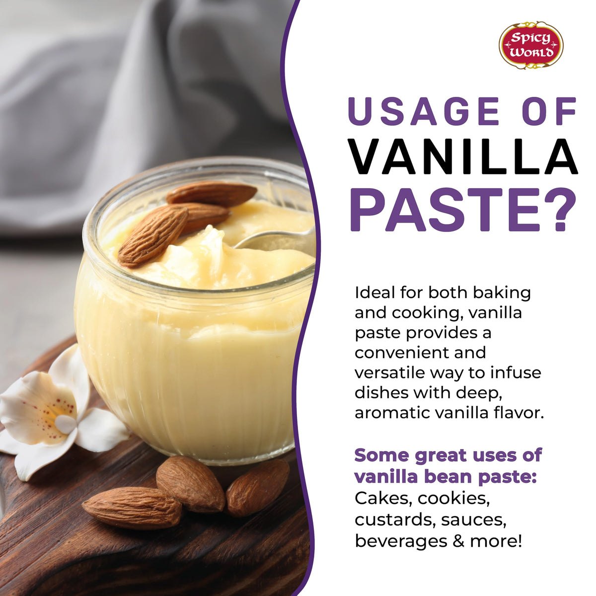 Spicy World paste ingredients graphic showing organic agave and vanilla extract.