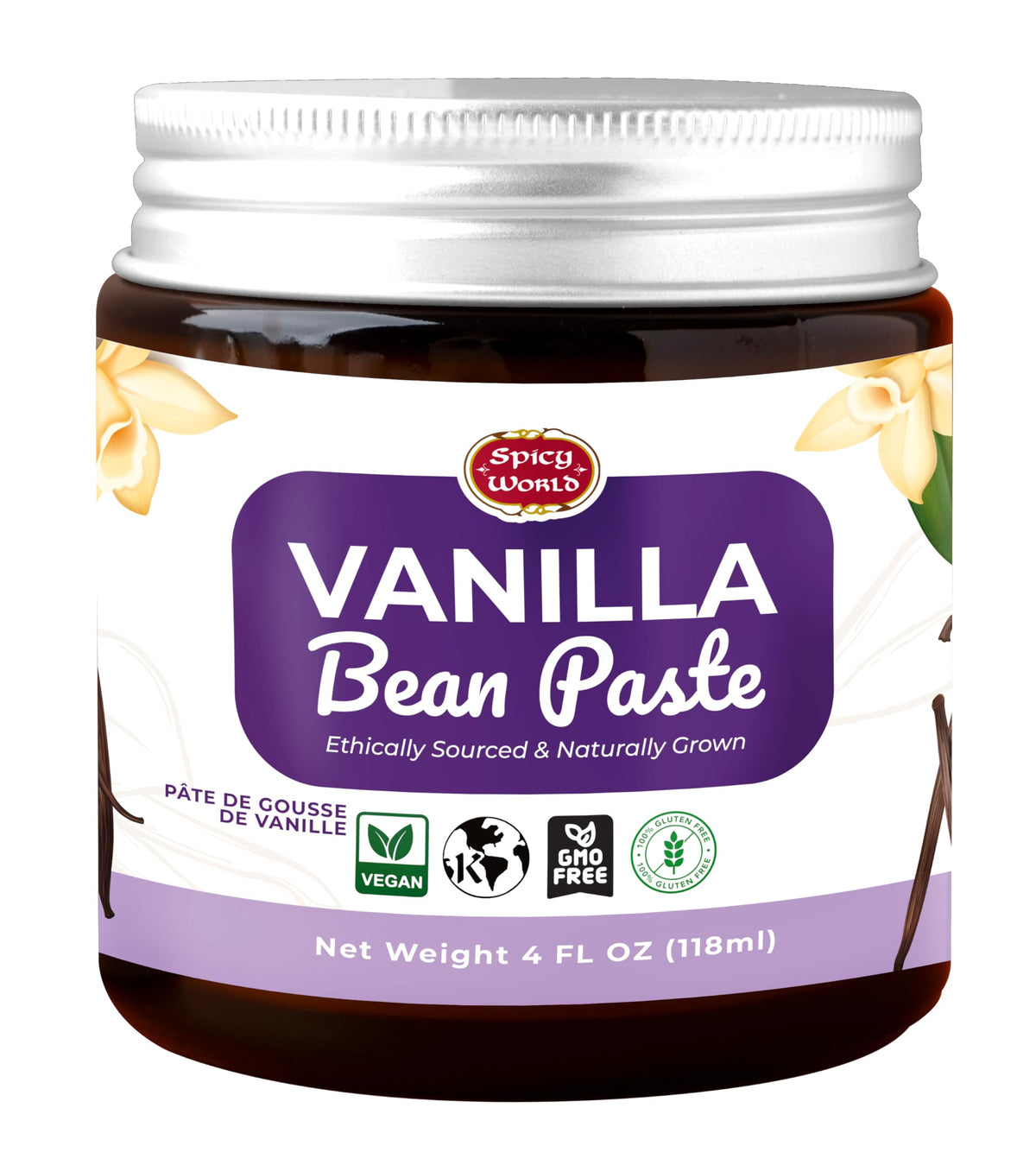 Spicy World Vanilla Bean Paste jar on kitchen counter showcasing rich baking flavor.