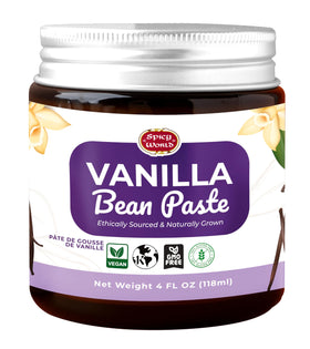 Spicy World Vanilla Bean Paste jar on kitchen counter showcasing rich baking flavor.