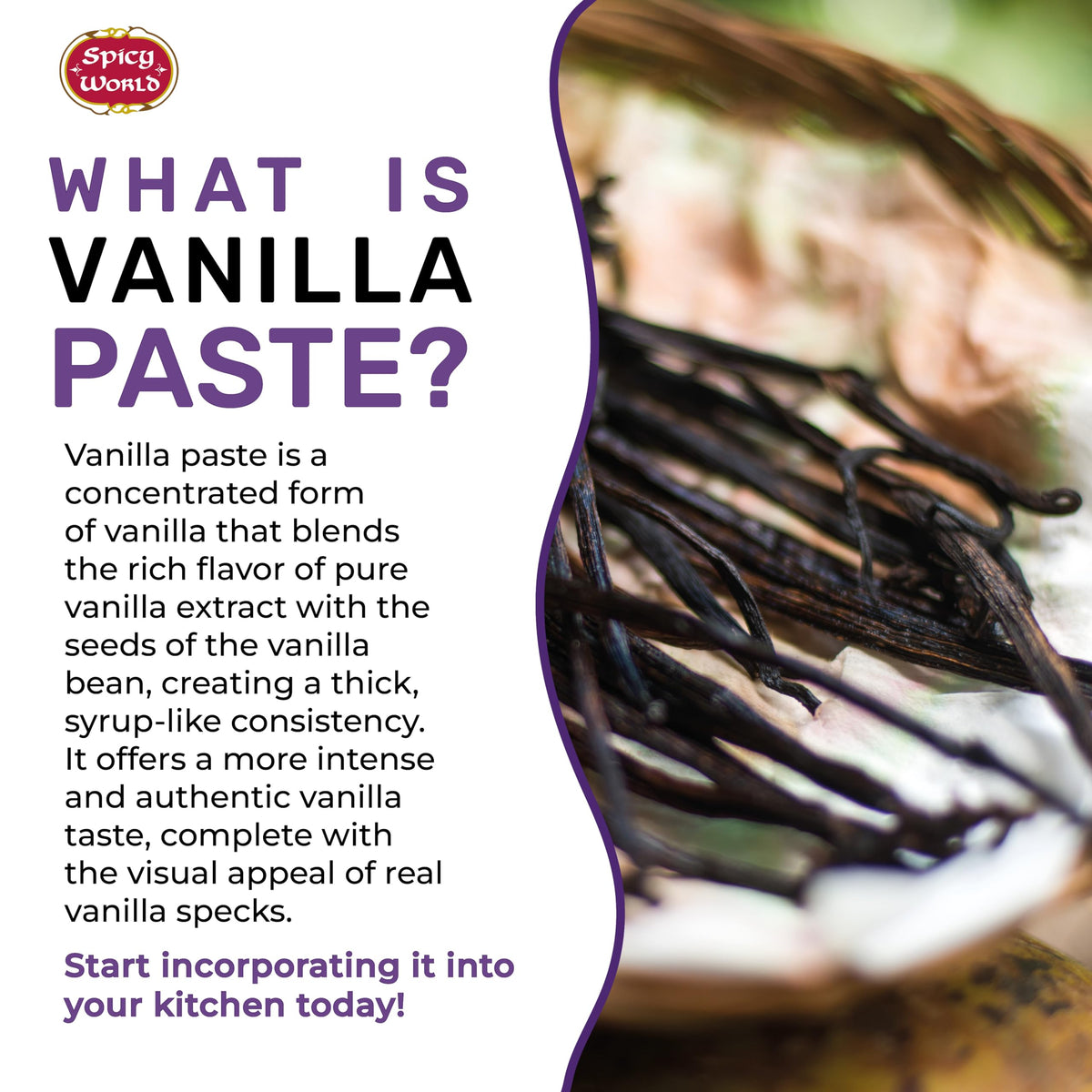 Spicy World vanilla bean paste label close-up highlighting natural ingredients.