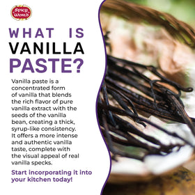 Spicy World vanilla bean paste label close-up highlighting natural ingredients.